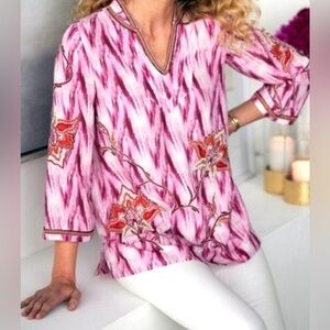 Soft Surroundings Altea Top Floral Embroidered Beaded Tie Dye V-Neck Tunic